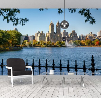 Picture of Manhattan Upper West Side with colorful fall foliage and fountain across Jacqueline Kennedy Onassis Reservoir Central Park West  New York City